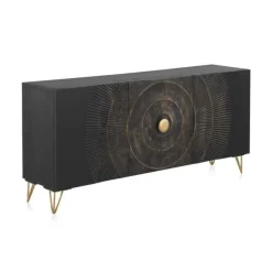 Aparador negro de madera de mango de 3 puertas y patas doradas GABAR 10692