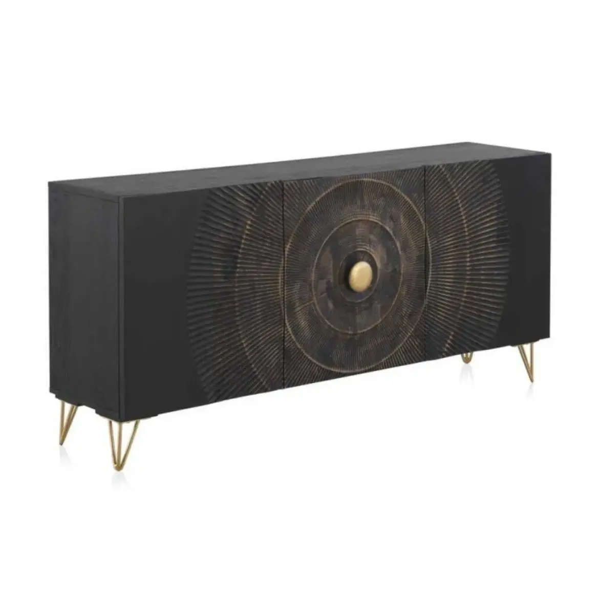 Aparador negro de madera de mango de 3 puertas y patas doradas GABAR 10692