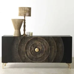 Aparador negro de madera de mango de 3 puertas y patas doradas GABAR 10692