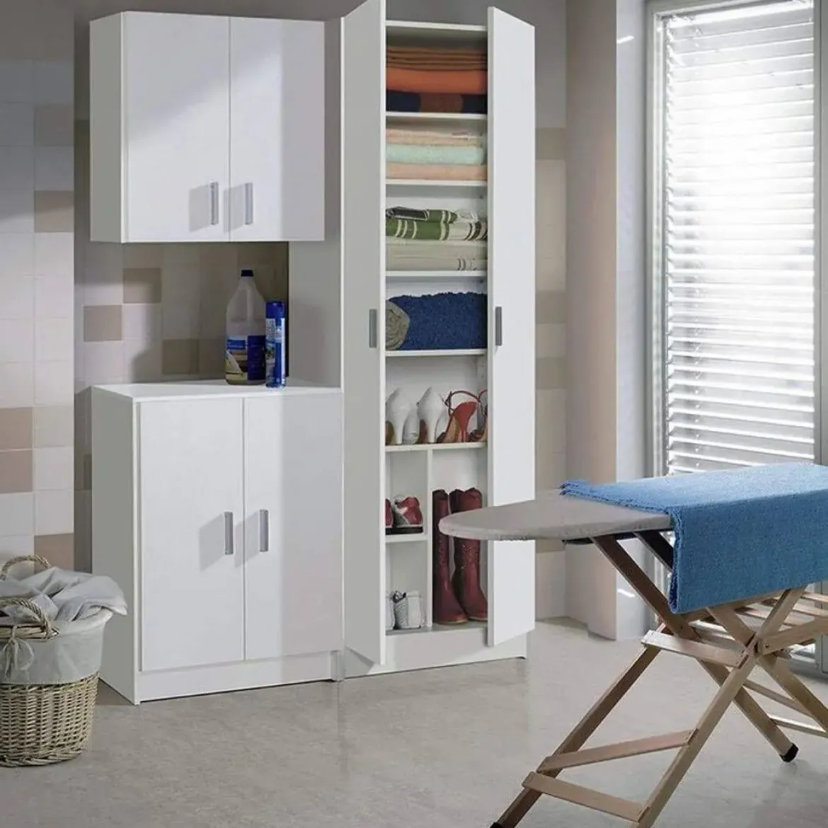 Armario auxiliar blanco de melamina con 2 puertas y 5 estantes regulables 007146O