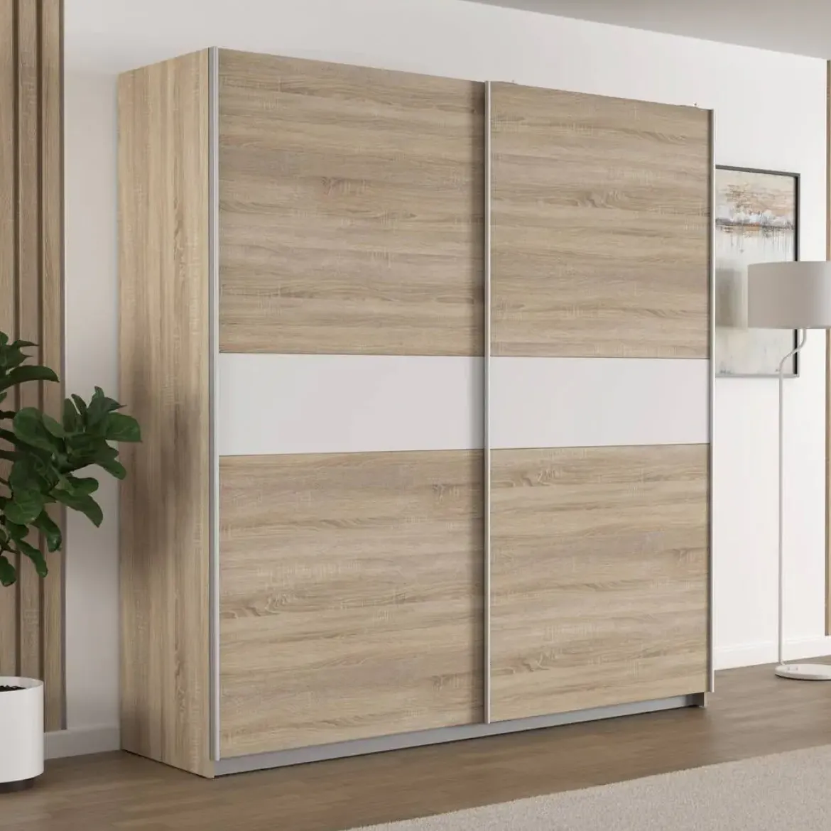 Armario de Dormitorio 200 cm 2 Puertas Correderas Blanco Roble Sonoma WNPS323E1-Q45