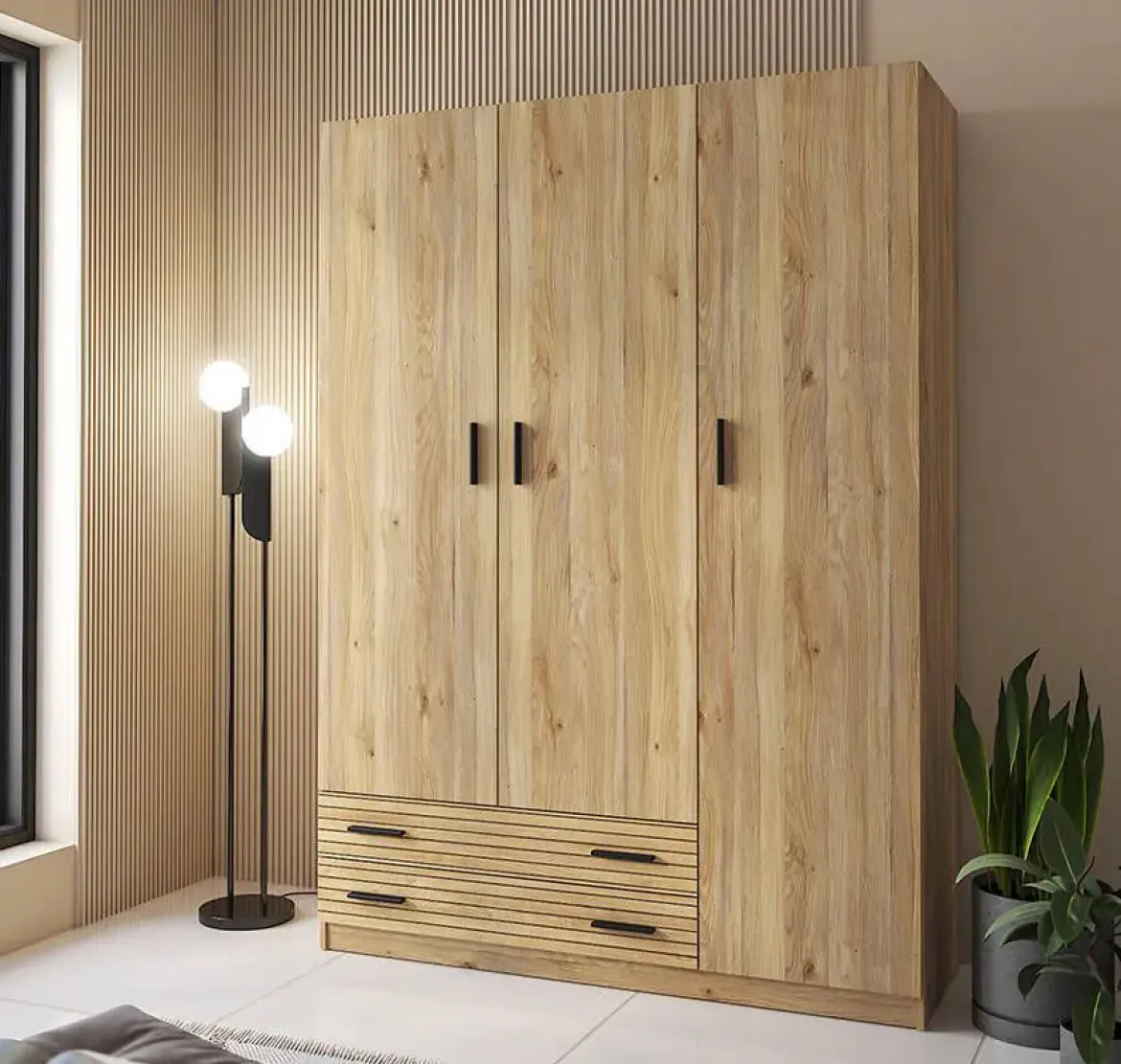 Armario de Dormitorio 3 Puertas y 2 Cajones en Melamina RAPID Mauvella-rayas C029RPDA3P2C MVR