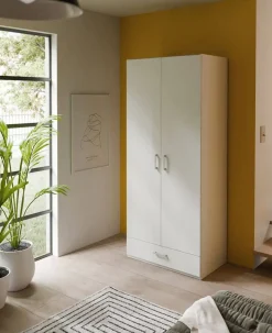 Armario de Dormitorio 2 Puertas y 1 Cajón Estructura de Melamina Blanco ECBS923-120