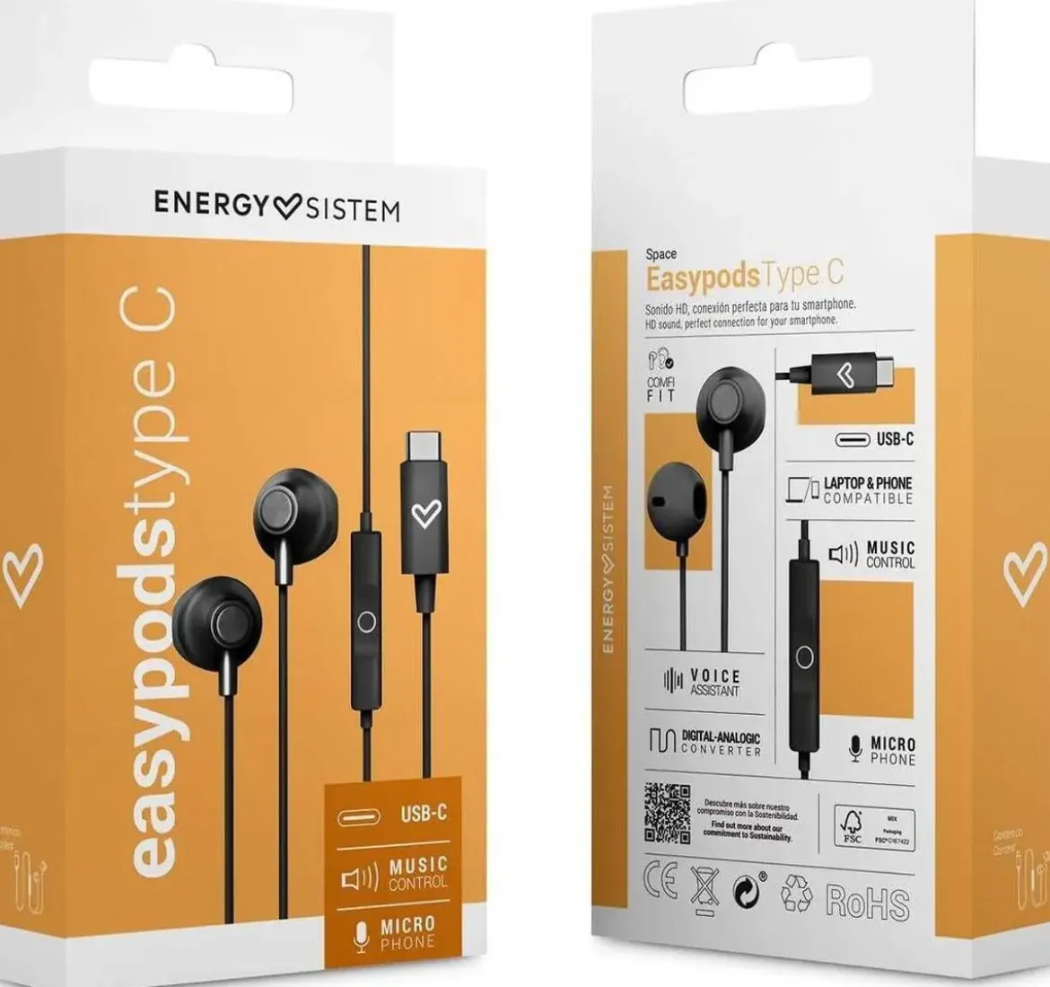 Auriculares con Cable Tipo C ENERGY SISTEM 45951 EasyPods Negro
