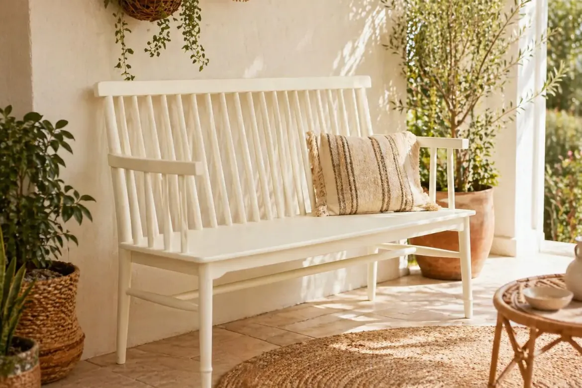 Banco en Madera de Mango y MDF color Crema 153 cm MB-223566