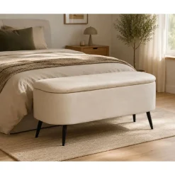 Banqueta Baúl Tapizada en Terciopelo Beige y Metal GABAR 10276