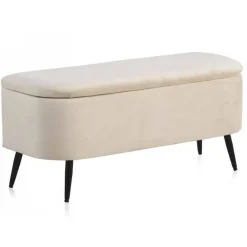 Banqueta Baúl Tapizada en Terciopelo Beige y Metal GABAR 10276