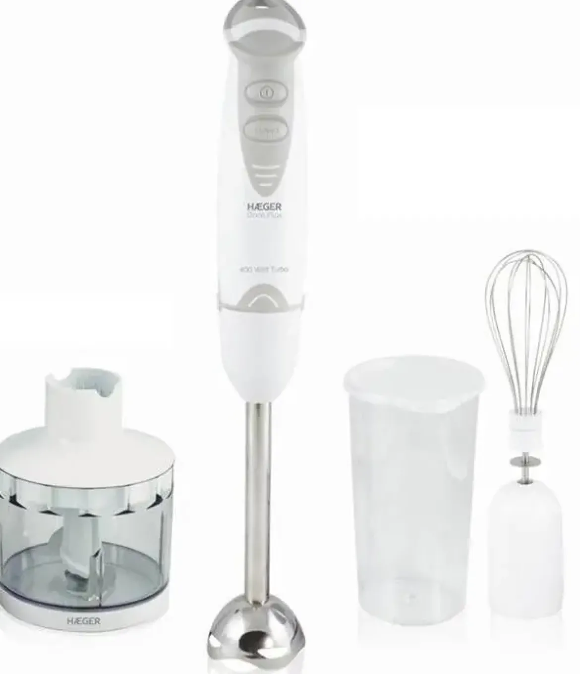 Batidora HAEGER 400 W + Picadora+ Montaclaras con Vaso Medidor Doce Plus HB400012A