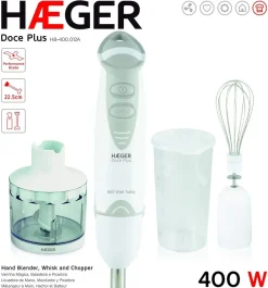 Batidora HAEGER 400 W + Picadora+ Montaclaras con Vaso Medidor Doce Plus HB400012A
