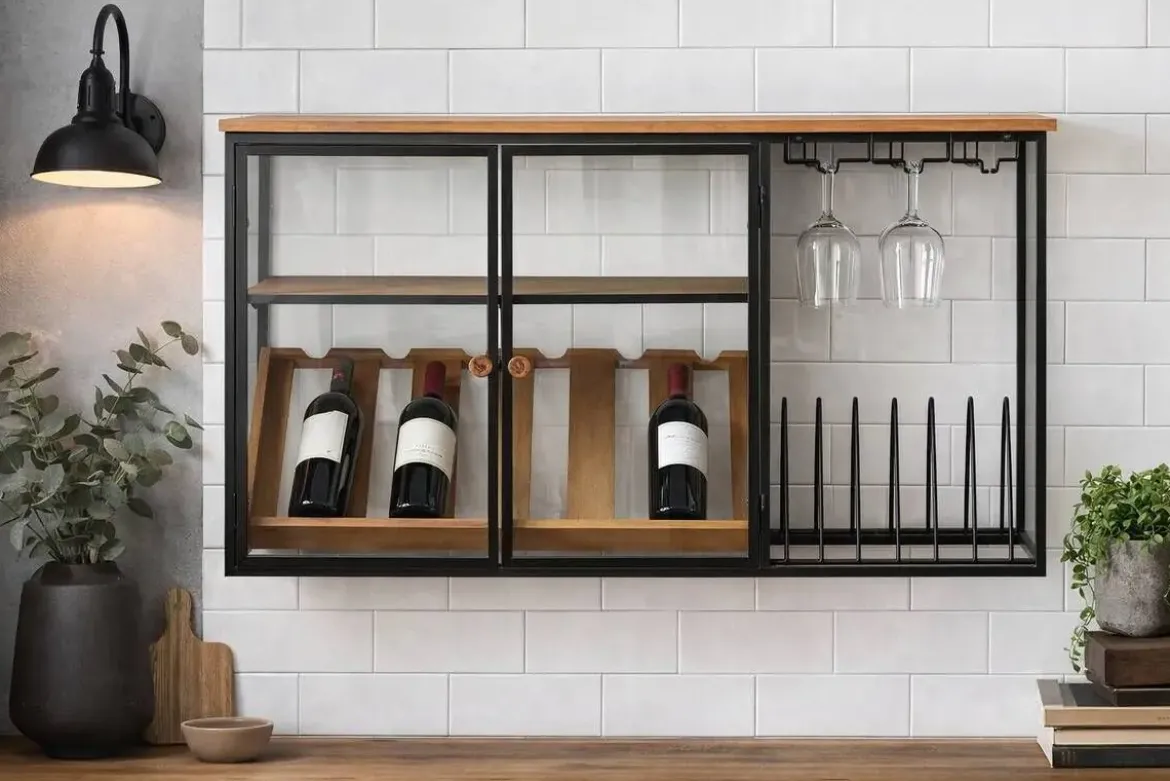 Botellero de Pared Industrial en Madera y Metal con Cristal MB-215977