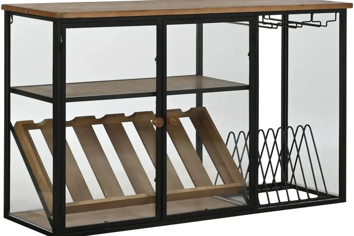 Botellero de Pared Industrial en Madera y Metal con Cristal MB-215977
