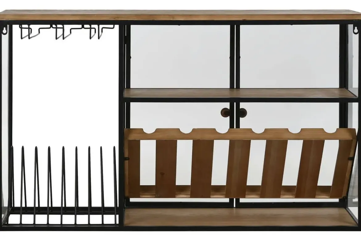 Botellero de Pared Industrial en Madera y Metal con Cristal MB-215977