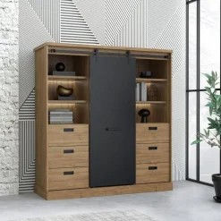 Buffet con 6 Cajones y LED en Roble Waterford y Negro KASZIMIRO KZMR631B-M328