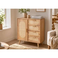 Buffet de Madera Rubberwood con Ratán Natural y 4 Cajones MB-212344