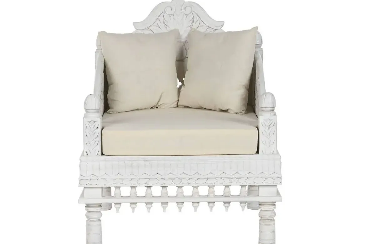 Butaca de Madera de Mango Tallada Decapé Beige MB-216488
