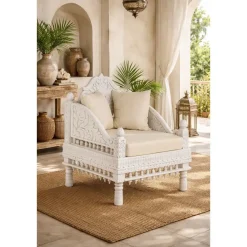 Butaca de Madera de Mango Tallada Decapé Beige MB-216488