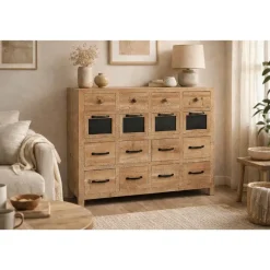 Cajonera de Abeto y Metal Natural con 16 Cajones MB-208465