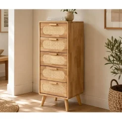 Cajonera de Madera Rubberwood con 5 Cajones de Ratán MB-212347