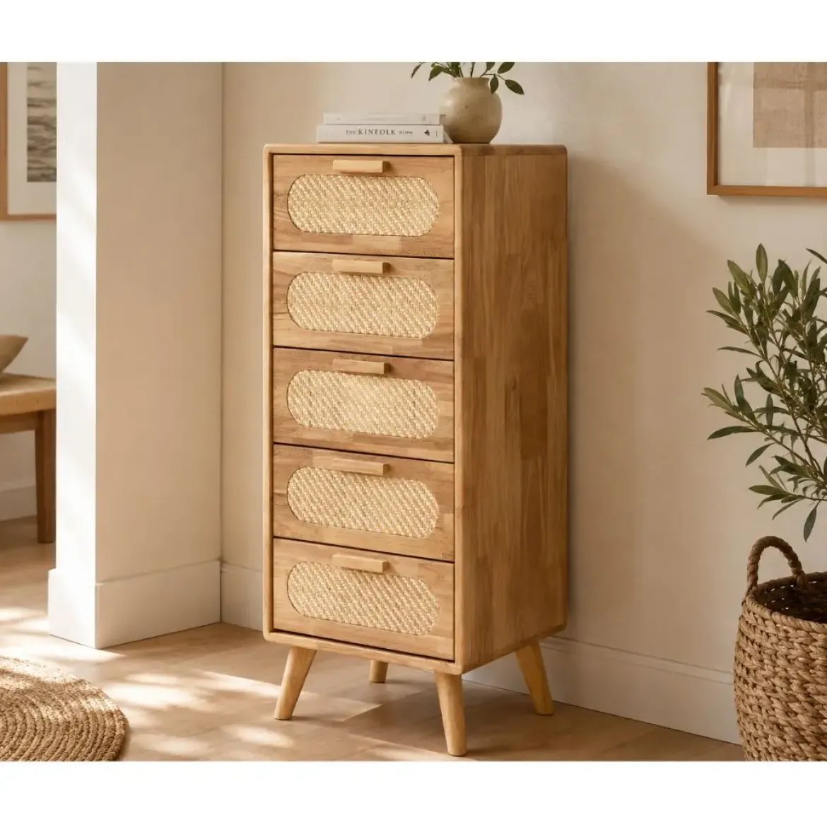 Cajonera de Madera Rubberwood con 5 Cajones de Ratán MB-212347