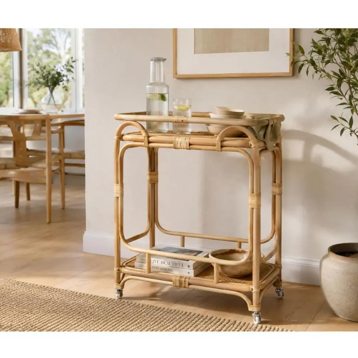 Camarera de Ratán Natural con Ruedas y Dos Estantes MB-223987