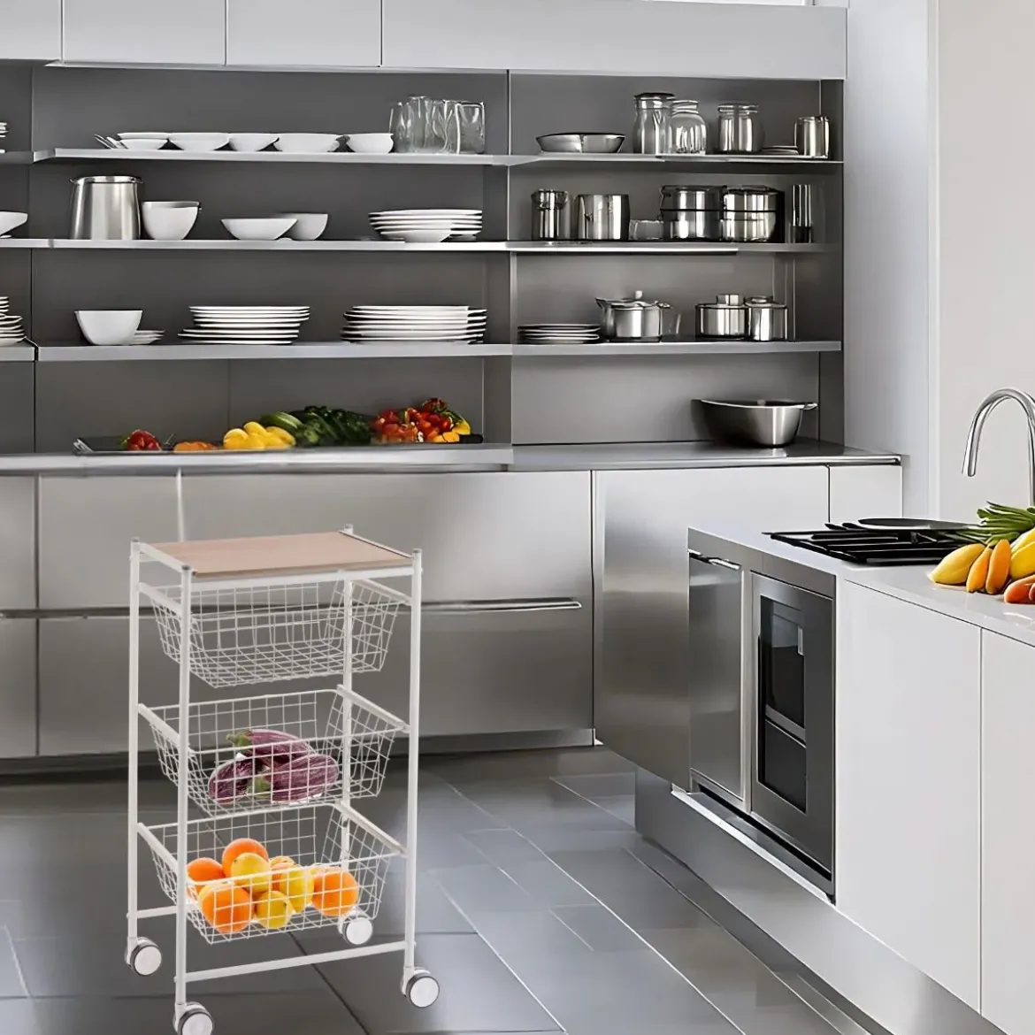 Carrito de Cocina de Acero Inoxidable y Madera Color Blanco-Haya A000420