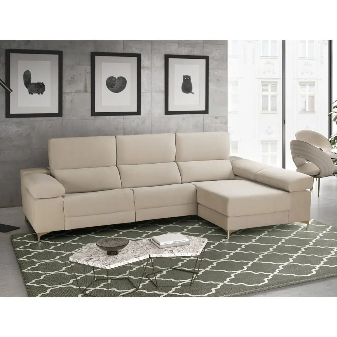 Chaiselongue Derecha 3 Plazas 306 cm Relax Eléctrico Tapizado en Poliéster OLIMPIA