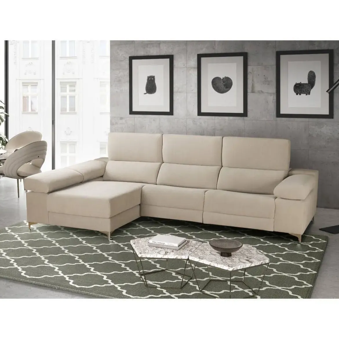 Chaiselongue Izquierda 3 Plazas 306 cm Relax Eléctrico Tapizado en Poliéster OLIMPIA