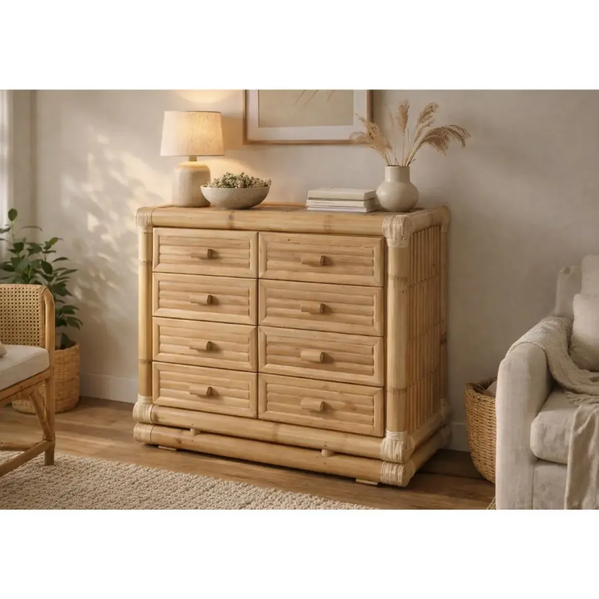 Cómoda de Dormitorio en Bambú y Ratán Natural MB-221751