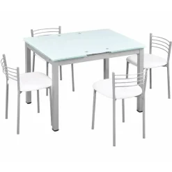 Comedor Completo Mesa de Cristal y 4 Sillas de Polipiel Metal