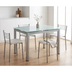Comedor Completo Mesa de Cristal y 4 Sillas de Polipiel Metal