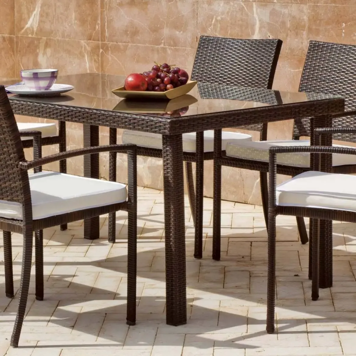 Comedor de Jardín con Mesa de Cristal Marrón 150 cm BAHÍA