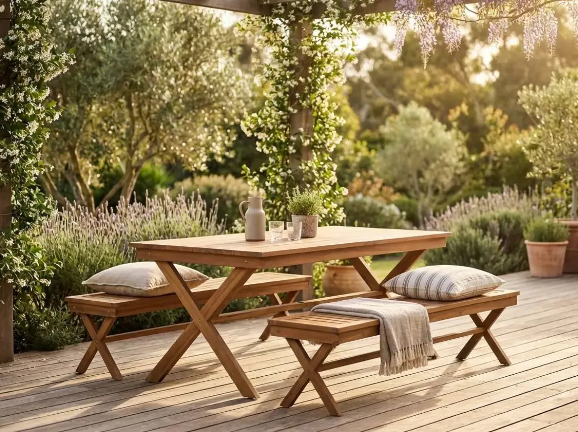 Comedor de Jardín de Teca con Mesa y Bancos MB-224650