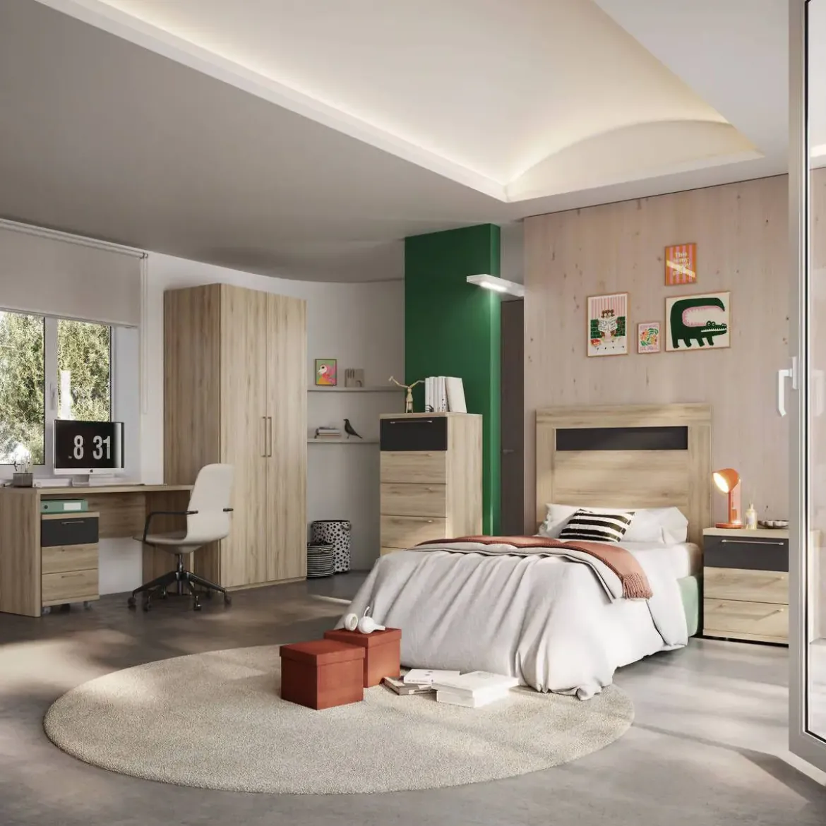 Composición de Dormitorio Juvenil Acabado Roble Natural/Ébano KRONOS 5 N 821