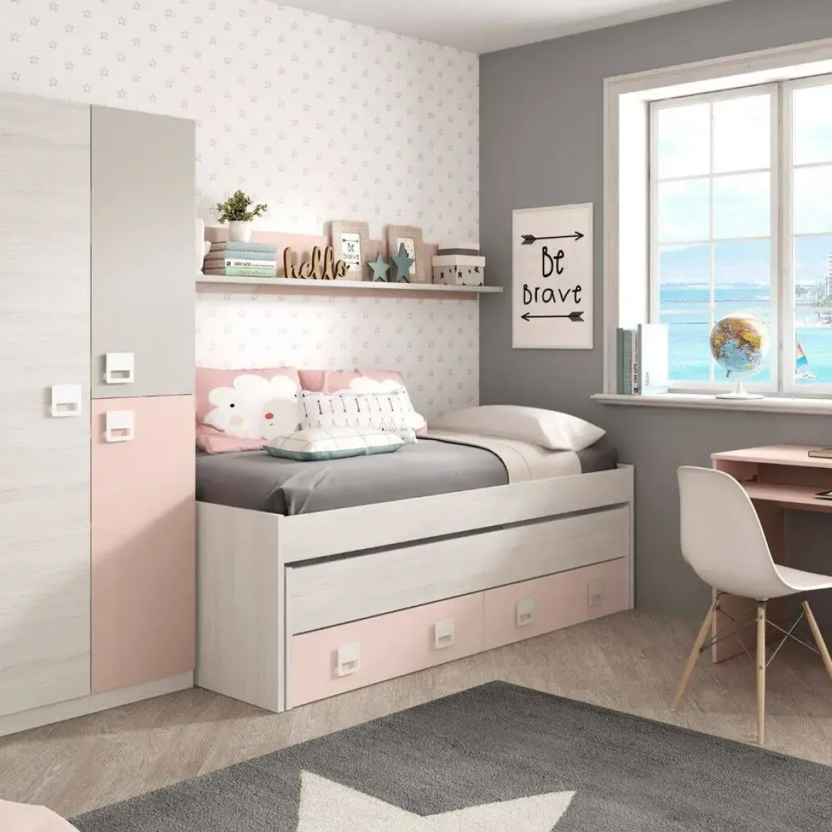 Conjunto de dormitorio NUBE de doble cama con dos cajones y estante 0M7449Y