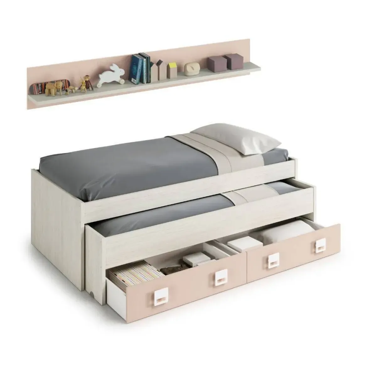 Conjunto de dormitorio NUBE de doble cama con dos cajones y estante 0M7449Y