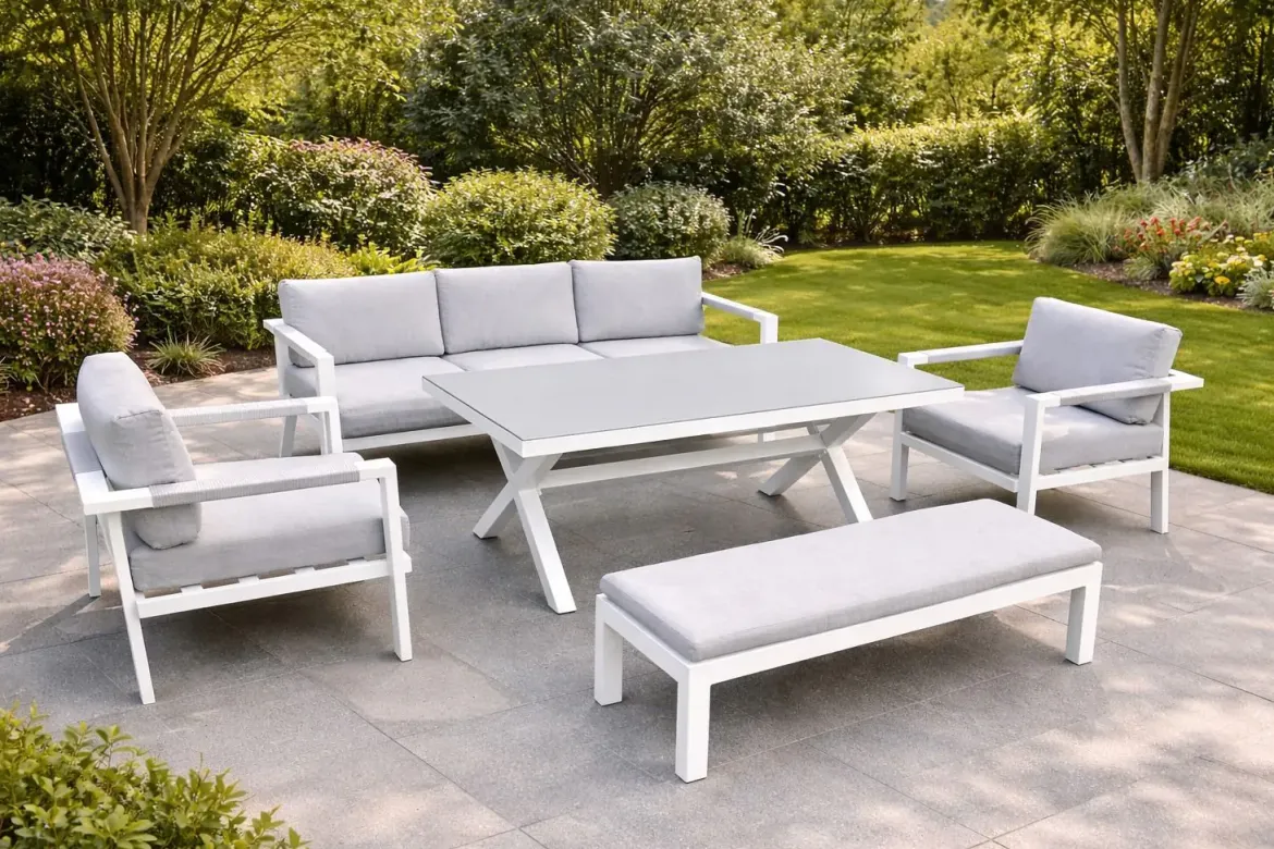 Conjunto de Jardín Aluminio Blanco y Cojines Gris MÁLAGA