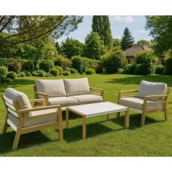 Conjunto de Jardín Madera con Detalles Blancos y Cojines Beige CÁDIZ