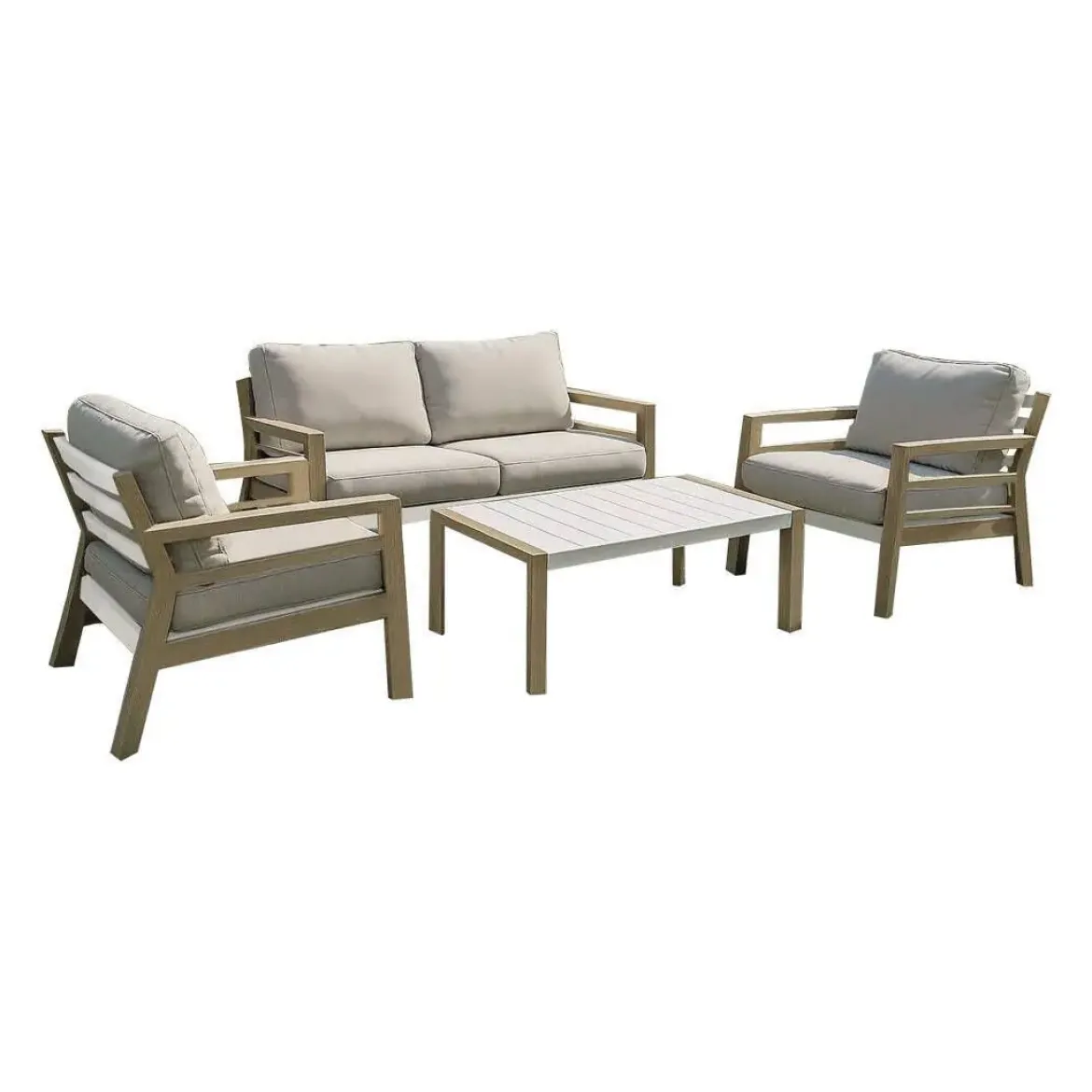 Conjunto de Jardín Madera con Detalles Blancos y Cojines Beige CÁDIZ