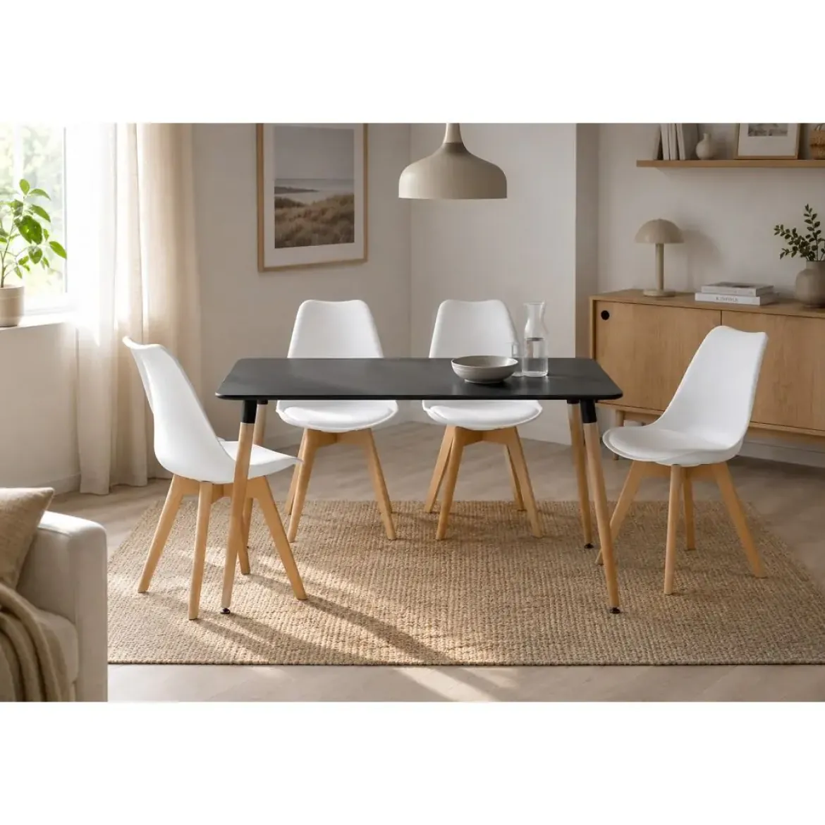 Conjunto de Mesa Cocina Negra con 4 Sillas Blancas DINAMARCA