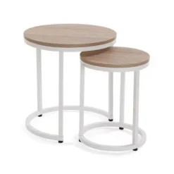 Conjunto de 2 Mesas Auxiliares con Superficie de MDF en Acabado Natural y Estructura Metal Blanca MEGAN