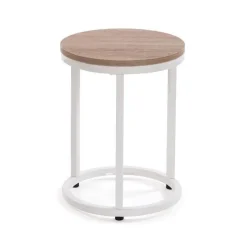 Conjunto de 2 Mesas Auxiliares con Superficie de MDF en Acabado Natural y Estructura Metal Blanca MEGAN