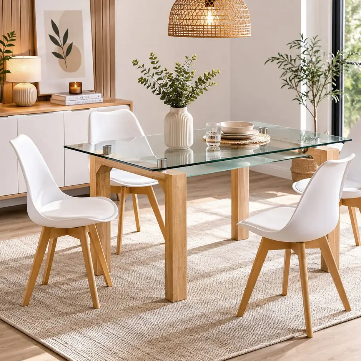 Conjunto Mesa Comedor Cristal y 4 Sillas Blancas SENSEI
