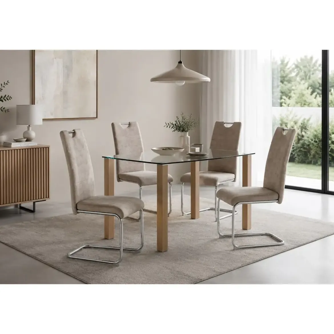 Conjunto Mesa Cristal con 4 Sillas Modernas HANA