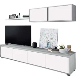 Conjunto para salón cemento y blanco Artik, 1 mueble de TV, 1 módulo superior y 1 estante 016663L