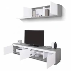 Conjunto para salón cemento y blanco Artik, 1 mueble de TV, 1 módulo superior y 1 estante 016663L