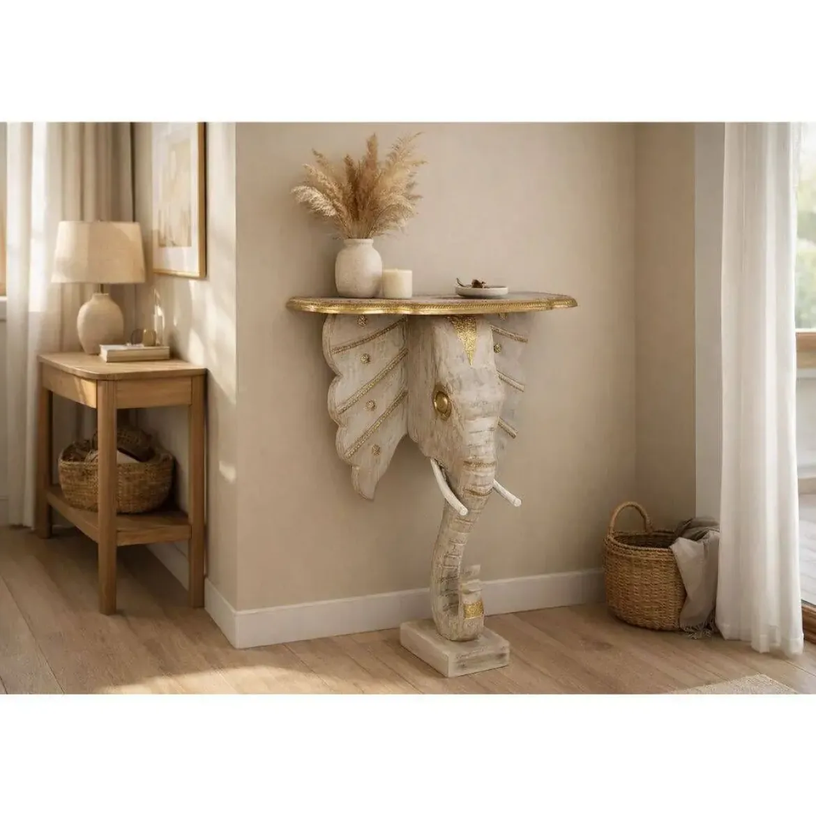 Consola de Madera de Mango con Latón Elefante Dorado MB-200965