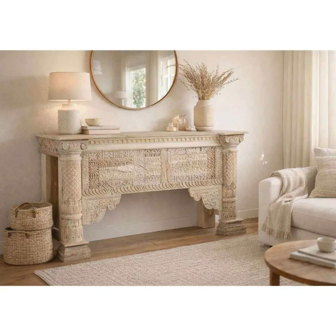 Consola de Madera de Mango Tallada Blanco Envejecido MB-208590