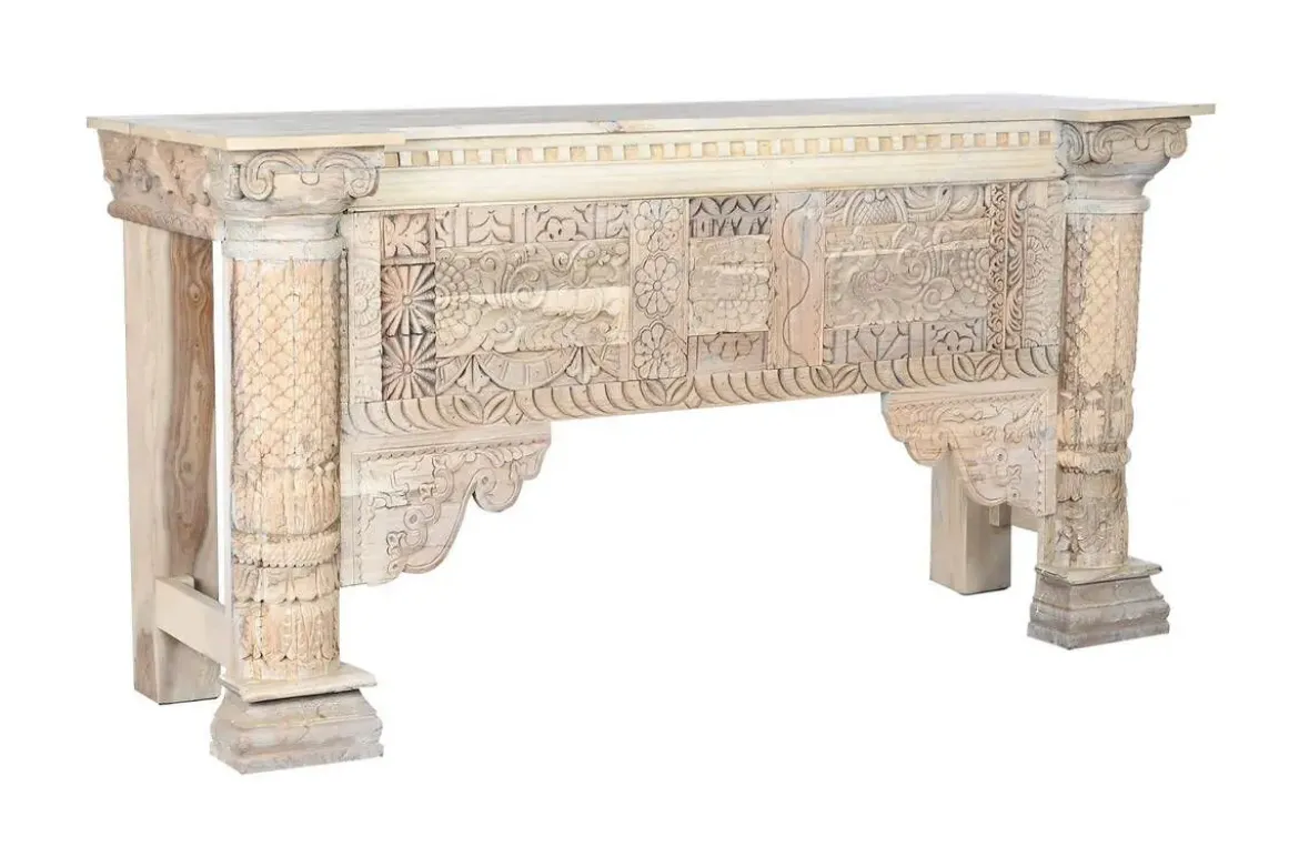 Consola de Madera de Mango Tallada Blanco Envejecido MB-208590