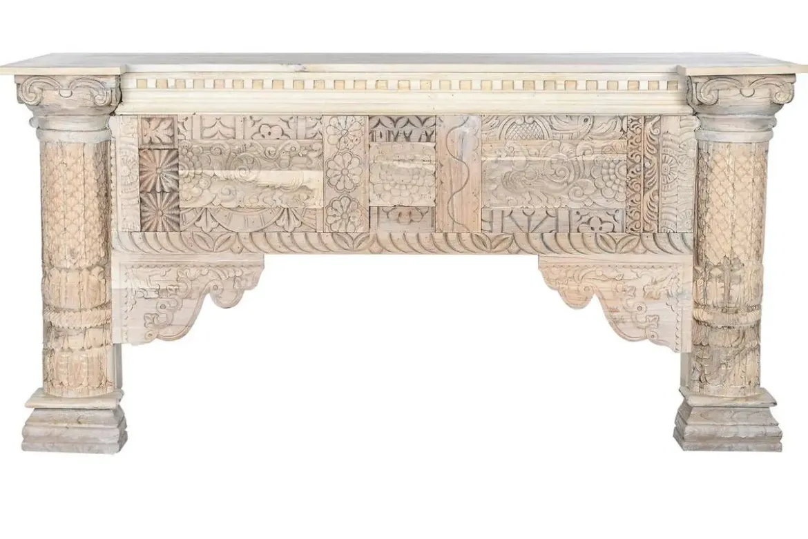 Consola de Madera de Mango Tallada Blanco Envejecido MB-208590