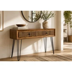 Consola de Recibidor de Acacia con 2 Cajones y Patas de Metal MB-177696